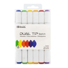 Load image into Gallery viewer, BAZIC 6 PRIMARY COLORS DUAL TIP SKETCH MARKERS