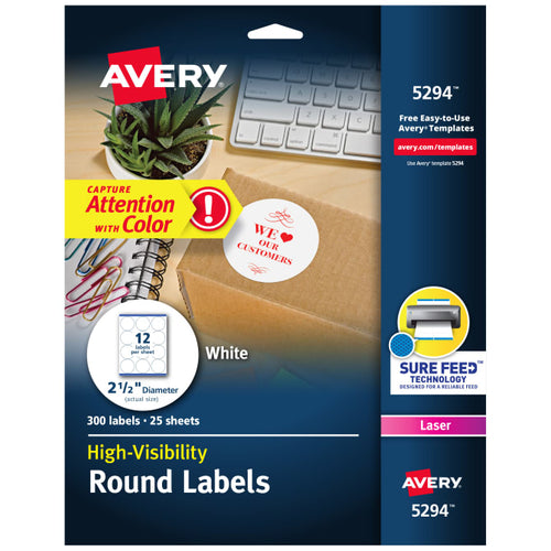Avery® High Visibility Round Labels with Sure Feed™ for Laser Printers, 2-1/2