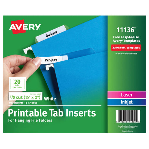 Avery® Printable Tab Inserts for Hanging File Folders, 1/5 cut, 2