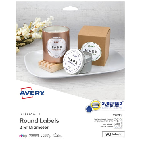Avery® Glossy White Round Labels with Sure Feed™, 2-1/2