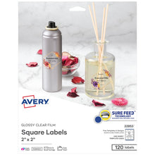 Load image into Gallery viewer, Avery® 2&quot; x 2&quot; Square Labels with Sure Feed, 120 Labels, Permanent Adhesive, Glossy Clear (22853)