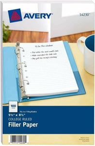 Avery® Mini Binder Filler Paper, College Ruled, 5-1/2" x 8-1/2", 100 Sheets (14230)