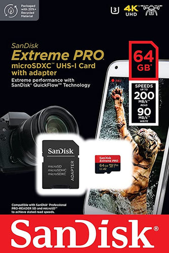 SanDisk Extreme Pro 64GB microSD UHS-I Card w Adat  200 Mb/s C10,U3,V30,A2