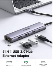 Load image into Gallery viewer, UGREEN USB 3.0 TO 3x USB 3.0 + RJ45 (1000M) ETHERNET ADAPTER TYPE-C POWER SUPPLY