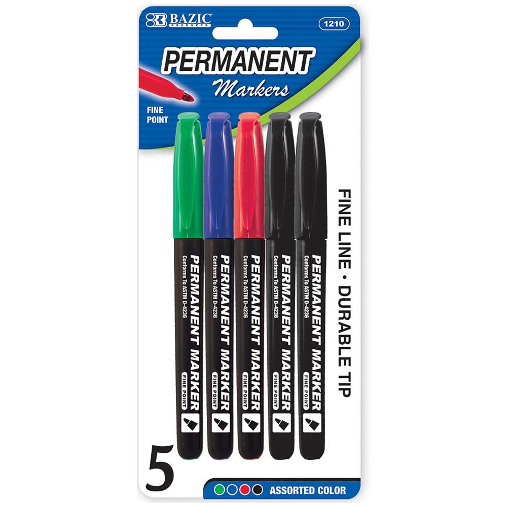 MARKER - Fine Tip Assorted Color Permanent Markers w/ Pocket Clip (5/Pack)