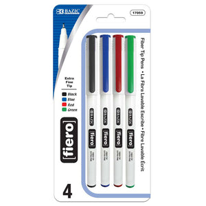 BAZIC FIERO ASSORTED COLOR FIBER TIP FINELINER PEN (4/PACK)