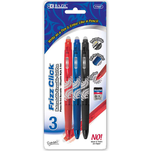 BAZIC FRIZZ ASSORTED COLOR ERASABLE GEL RETRACTABLE PEN WITH GRIP (3/PACK)