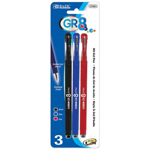 BAZIC GR8 ASSORTED COLOR OIL-GEL INK PEN W/ RUBBERIZED BARREL (3/PACK)