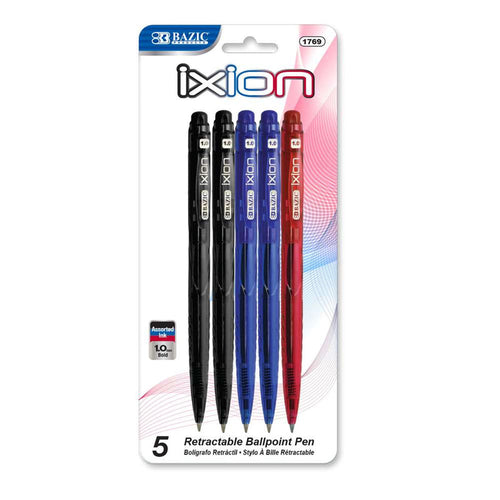 BAZIC IXION ASSORTED COLOR RETRACTABLE PEN (5/PACK)