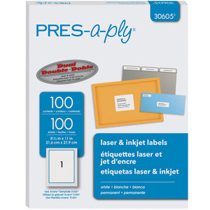 Avery® 30605 8 1/2" x 11" White Full-Sheet Laser Labels - 100/Box
