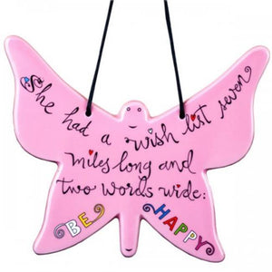 BE HAPPY PINK BUTTERFLY CERAMIC ORNAMENT