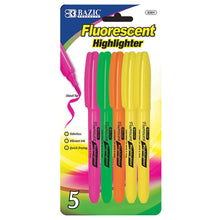 Load image into Gallery viewer, BAZIC Pen Style Fluorescent Highlighter Asst Color w/ Pocket Clip (5/Pack)
