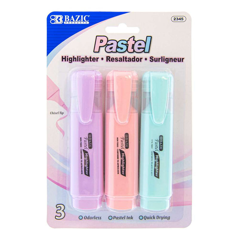 BAZIC PASTEL HIGHLIGHTER w/POCKET CLIP (3/PACK)