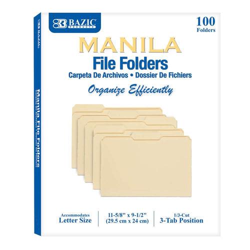 BAZIC 1/3 CUT LETTER SIZE MANILLA FILE FOLDER (100/BOX)