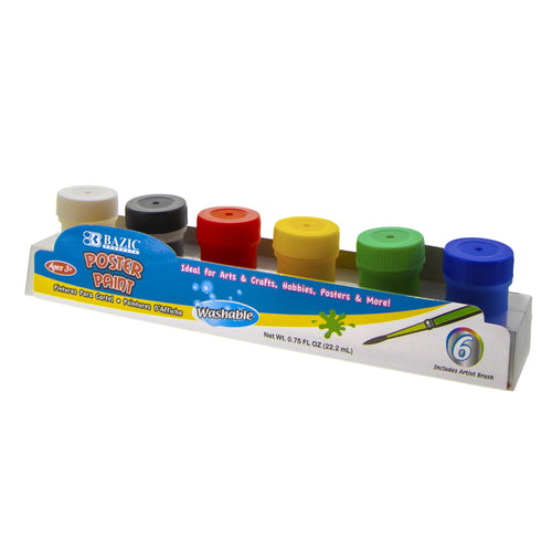 BAZIC 0.75 FL OZ (22.2ml) 6 COLOR WASHABLE POSTER PAINT w/ BRUSH