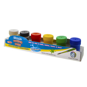 BAZIC 0.75 FL OZ (22.2ml) 6 COLOR WASHABLE POSTER PAINT w/ BRUSH