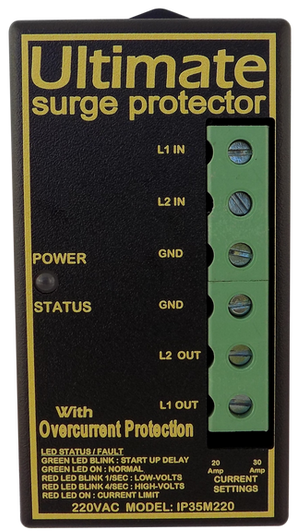 ULTIMATE DIGITAL SURGE PROTECTOR MODULE FOR INVERTER A/C UNITS, ETC 220V AC, 35A DUAL CURRENT SELECTOR SWITCH-HARDWIRED