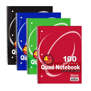 BAZIC Notebook Spiral Quad-Ruled 4-1" 100 Ct.
