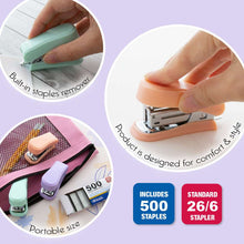 Load image into Gallery viewer, BAZIC MINI PASTEL COLOR STANDARD (26/6) STAPLER W/ 500 CT/ STAPLES