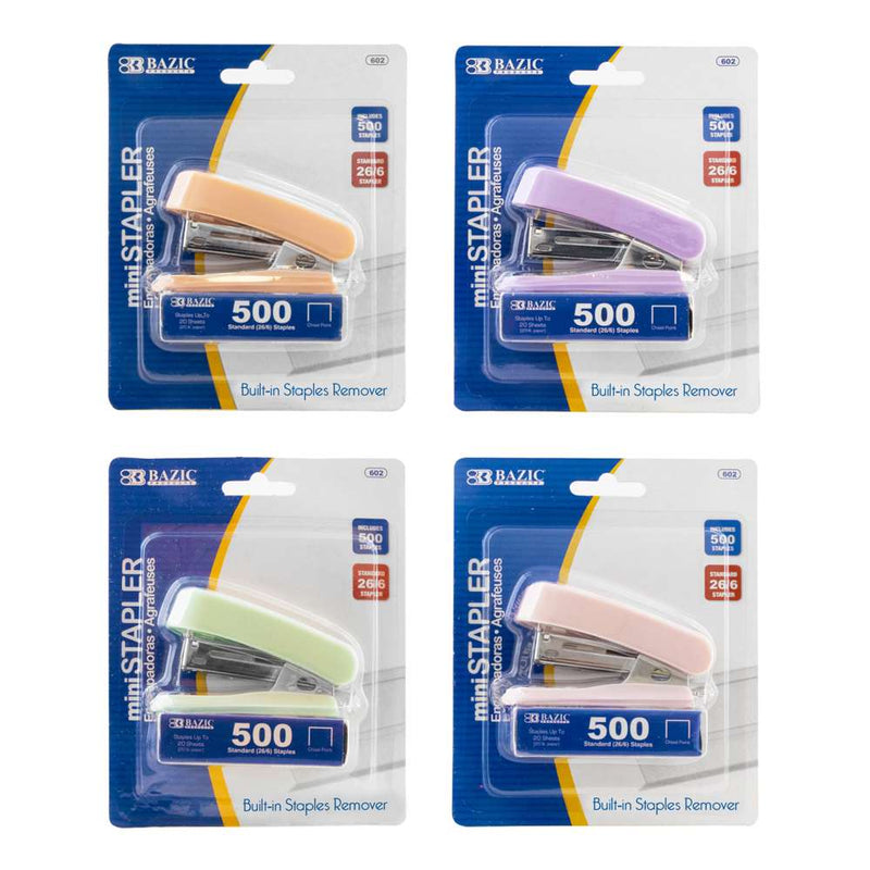 BAZIC MINI PASTEL COLOR STANDARD (26/6) STAPLER W/ 500 CT/ STAPLES