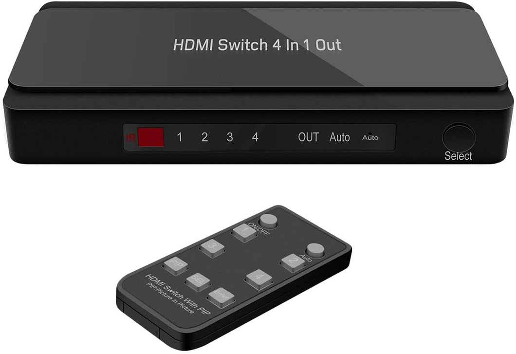 Dinger 4K x 2K 4 Port 4 x 1 HDMI Switcher with PIP and IR Wireless Remote Control, HDMI Switch Box Support PIP, 4K, 1080P, 3D