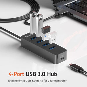 Alxum USB Hub 3.0 4-Port,  USB Extension Hub with 4ft Long Cable, USB 3.0 DataHub with 5V/2A Type-C Charging Port