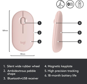 LOGITECH PEBBLE M350 MOUSE OPTICAL WIRELESS BLUETOOTH 2.4GHZ -USB WIRELESS RECEIVER - ROSE
