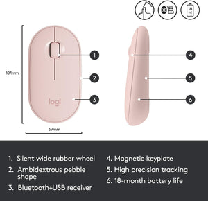 LOGITECH PEBBLE M350 MOUSE OPTICAL WIRELESS BLUETOOTH 2.4GHZ -USB WIRELESS RECEIVER - ROSE