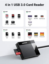 Load image into Gallery viewer, UGREEN SD Card Reader USB 3.0 Card Hub Adapter 5Gbps Read 4 Cards Simultaneously CF,CFI, TF, SDXC, SDHC, SD, MMC, Micro SDXC, Micro SD, Micro SDHC, MS, UHS-I (Black)