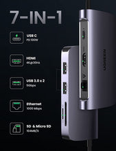 Load image into Gallery viewer, UGREEN USB C Hub 7-in-1 Type C Dock Adapter with Ethernet, 4K USB C to HDMI, 2 USB 3.0 Ports, Micro SD Card Reader, USB-C PD 100W