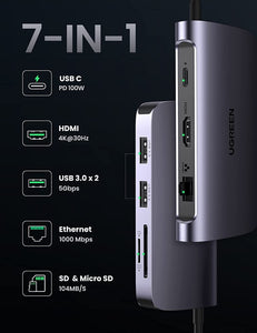 UGREEN USB C Hub 7-in-1 Type C Dock Adapter with Ethernet, 4K USB C to HDMI, 2 USB 3.0 Ports, Micro SD Card Reader, USB-C PD 100W