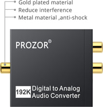 Load image into Gallery viewer, PROZOR 192KHz Digital to Analog Audio Converter DAC Digital SPDIF Optical toAnalog L/R RCA Converter Toslink Optical to 3.5mm Jack Adapter