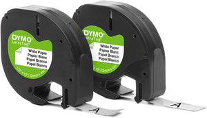 DYMO LetraTag Labeling Tape for LetraTag Label Makers, Black Print on White Paper Tape, 1/2'' W x 13' L, 2 Rolls (10697)