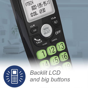 VTECH VG101-11 DECT 6.0 Cordless Phone for Home, Blue-White Backlit Display, Backlit Big Buttons, Full Duplex Speakerphone, Caller ID/Call Waiting, Easy Wall Mount, Reliable 1000 ft Range (Black)