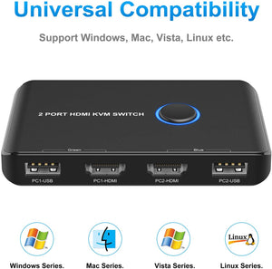 ABLEWE KVM Switch HDMI 2 Port Box, Support UHD 4K@60Hz,with 2 USBCable and 2 HDMI Cable