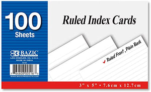 INDEX CARD - BAZIC 100CT. 3" * 5" RULED WHITE