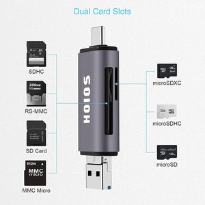 SD Card Reader USB-C,3-in-1 Memory Card Reader with Tri-Connectors, USB 3.0 Card Reader Adapter for SDXC,Micro SDXC