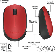 Load image into Gallery viewer, LOGITECH M170 MOUSE RIGHT AND LEFT HANDED WIRELESS 2.4GHZ USB WIRELESS RECEIVER RED