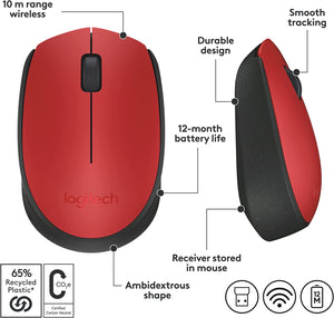 LOGITECH M170 MOUSE RIGHT AND LEFT HANDED WIRELESS 2.4GHZ USB WIRELESS RECEIVER RED