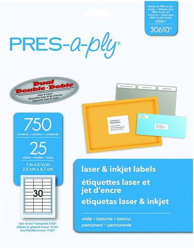 Avery 30610 Pres-A-Ply Laser Address Labels, 1 x 2-5/8, White, 750/Pack