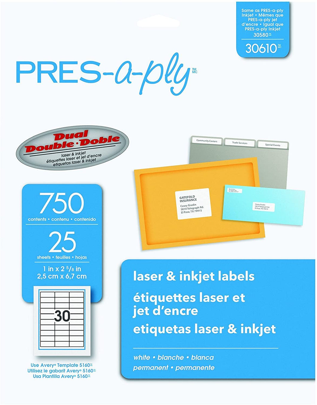 Avery 30610 Pres-A-Ply Laser Address Labels, 1 x 2-5/8, White, 750/Pack