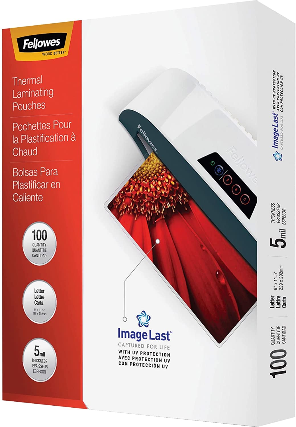 Fellowes Thermal Laminating Pouches, ImageLast, Jam Free, Letter Size, 5 Mil, 100 Pack (52040)
