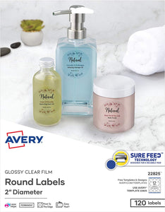 Avery® Glossy Clear Round Labels with Sure Feed™, 2" Diameter, 120 Labels, Permanent Adhesive (22825)