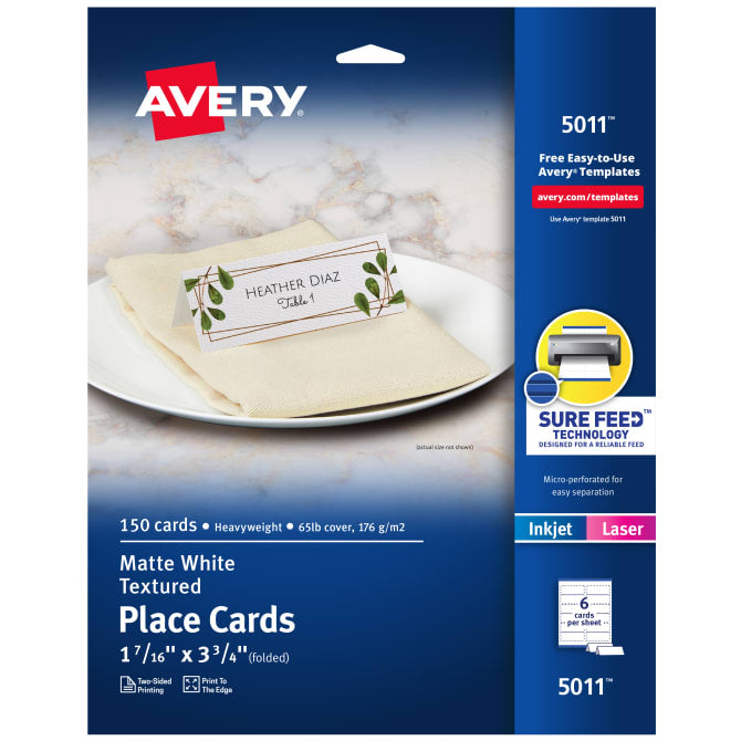 Avery® Place Cards, Textured, Matte, Two-Sided Printing, 1-7/16