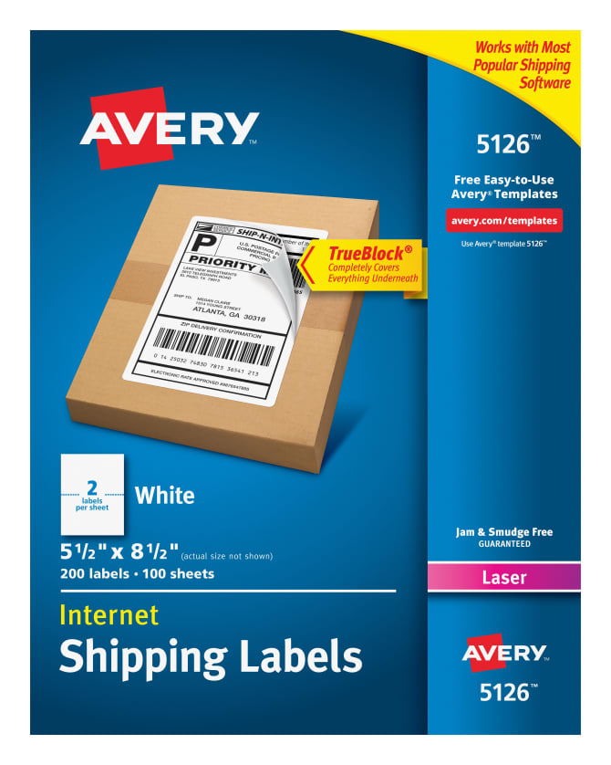 Avery® Internet Shipping Labels, TrueBlock® Technology, Permanent Labels, 5-1/2