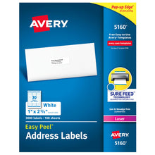 Load image into Gallery viewer, Avery® Easy Peel® Address Labels, Sure Feed™ Technology, Permanent Adhesive, 1&quot; x 2-5/8&quot;, 3,000 Labels (5160)