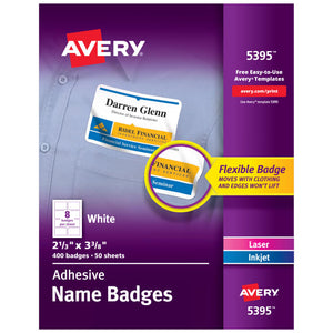 Avery® Adhesive Name Badges, 2-1/3" x 3-3/8", 400 Badges (5395)