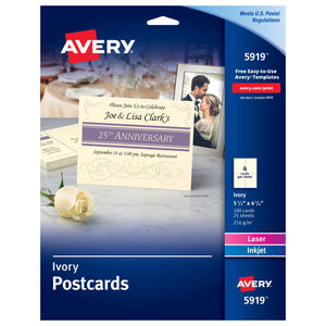 Avery® Postcards, Ivory, Two-Sided Printing, 4-1/4" x 5-1/2", 100 Cards (5919)