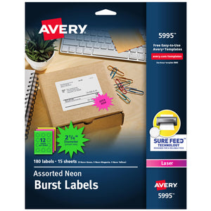 Avery® Neon Address Labels with Sure Feed™ for Laser Printers, 2-1/4", Assorted Colors, 180 Burst Labels (5995)