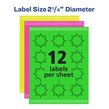 Load image into Gallery viewer, Avery® Neon Address Labels with Sure Feed™ for Laser Printers, 2-1/4&quot;, Assorted Colors, 180 Burst Labels (5995)